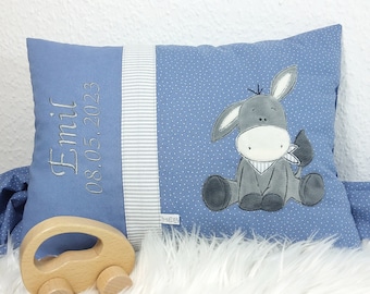 Kuschelkissen mit Namen, Kinderkissen personalisiert, Namenskissen, Jungen, Esel, Mebrit, Geschenk zur Taufe, Geschenk zur Geburt,blau,