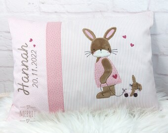 Kinderkissen personalisiert, Kinderkissen, Hase, rosa, Geschenk zur Geburt , Namenskissen, Geburtskissen, Kuschelkissen mit Namen,