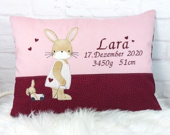 Kinderkissen personalisiert, Kinderkissen, Hase, rosa, Geschenk zur Geburt , Namenskissen, Geburtskissen, Kuschelkissen mit Namen,