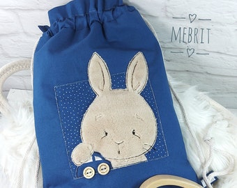 Turnbeutel, Sportbeutel, Rucksack, Rucksack mit Namen, Kinderrucksack, Jungs, blau, Hase, Auto