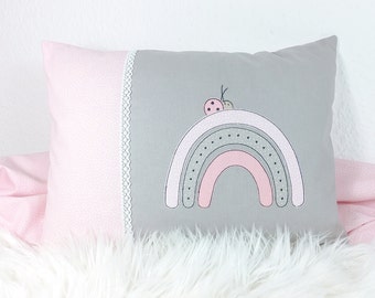 personalized pillow with hotel closure including filling cushion, embroidered, rainbow, gift for baptism or birth, Mebrit, pink