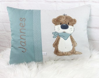 Personalized pillow for birth or baptism, Mebrit, gift for birth, green, birth pillow, otter, boys, christening gift, children's pillow