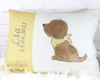 Cuddly pillow with name, personalized children's pillow, girl, dog, baby gift, baby gift, mustard yellow, beige