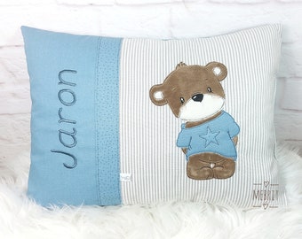 Cuddly pillow with name, personalized children's pillow, boys, teddy, Mebrit, baptism gift, birth gift, blue, birth pillow,