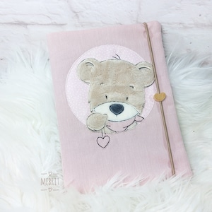 Süße U-Hefthülle mit Fach für Impfpass und Krankenkassenkarte, Hefthülle, Mebrit, U-Heft, Babygeschenk Mädchen, Teddy, herz, rosa
