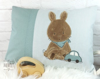 cuddly pillow with name, children's pillow personalized, boys, green, baby gift, personalized baby gift, rabbit, car