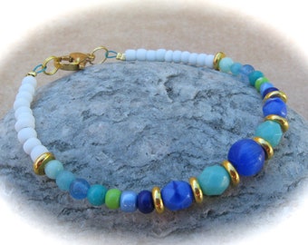 white-turquoise-gold-green-blue glass jade bracelet