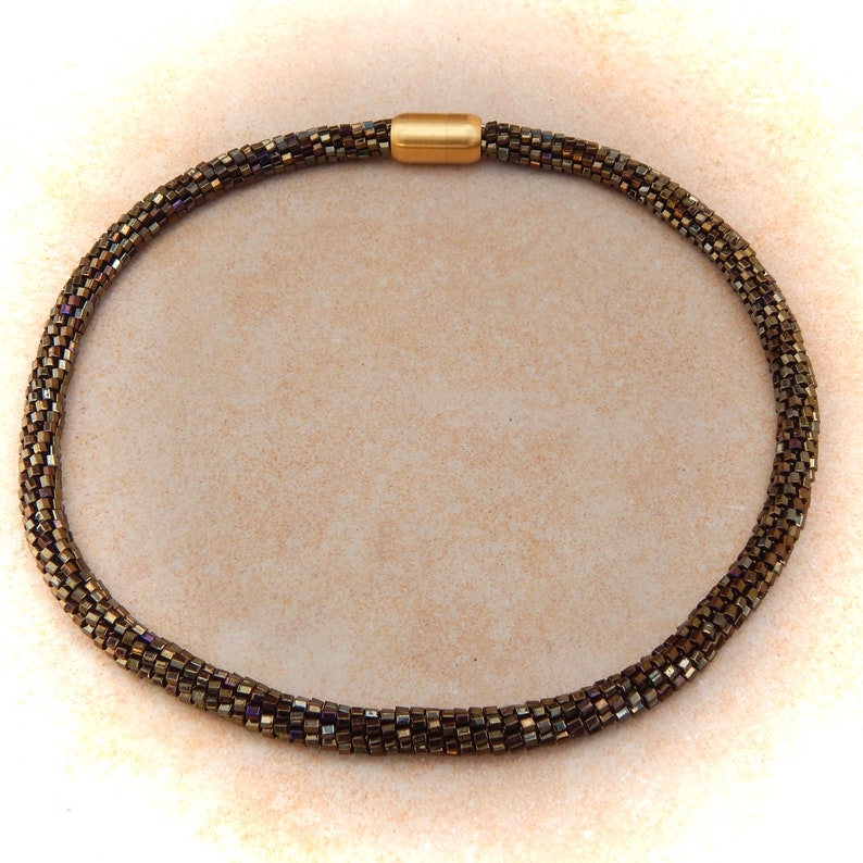 Crochet necklace dark bronze, tube necklace, crocheted necklace, glass necklace, pearl necklace image 8