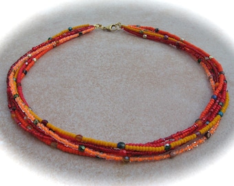 six-row yellow-orange-red glass chain, multi-row chain, glass bead chain