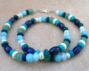 turquoise-blue-green-white gemstone necklace,lapis lazuli,jade,chrysocolla,gemstone jewelry,stone chain