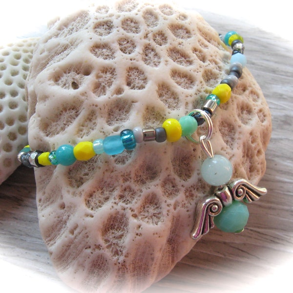 jaune-turquoise-argent-gris-noir bracelet en verre ange gardien, bracelet boho, bracelet élastique, bracelet d’amitié, bracelet en caoutchouc