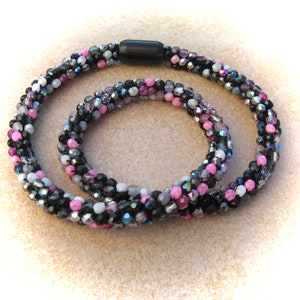 pink-grey-black-pink crochet necklace glitter dream, tube chain, crocheted glass bead necklace, glass necklace, bead necklaces image 7