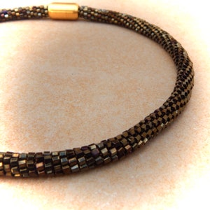 Crochet necklace dark bronze, tube necklace, crocheted necklace, glass necklace, pearl necklace image 2