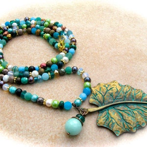 Charm necklace with patina leaf 95.5 cm length, boho necklace, XL necklace, long necklace