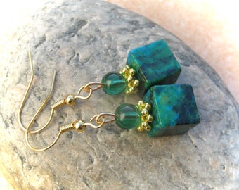 Turquoise-green-petrol-colored chrysocolla earrings cubes