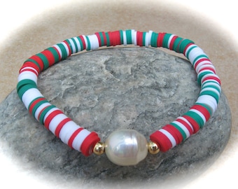 red-green-white Heishi bracelet Italia, stretch bracelet, surfer bracelet, polymer clay bracelet, boho bracelet, friendship bracelet