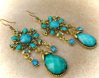 long turquoise-gold glass earrings