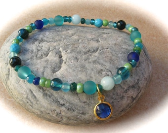 blue-petrol-green-turquoise glass gemstone bracelet, elastic bracelet,boho bracelet,friendship bracelet, guest gift