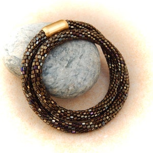 Crochet necklace dark bronze, tube necklace, crocheted necklace, glass necklace, pearl necklace image 1