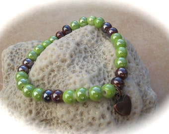 brown-green ceramic bracelet heart,elastic bracelet,boho bracelet,friendship bracelet,rubber bracelet