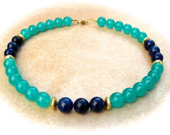 Jade Lapis Lazuli Necklace,Gemstone Jewelry,Gemstone Necklace,Blue-Green Necklace