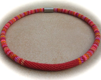 orange-red-pink crochet necklace, hose chain, crocheted necklace, pearl necklace, glass chain