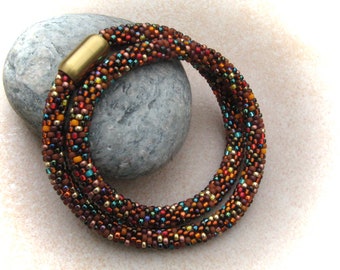 brown crochet necklace colorful magic, tube chain, crocheted glass bead necklace, bead necklaces