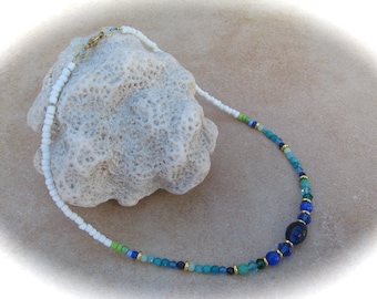 white-turquoise-green-gold-blue glass jade necklace, glass bead necklace
