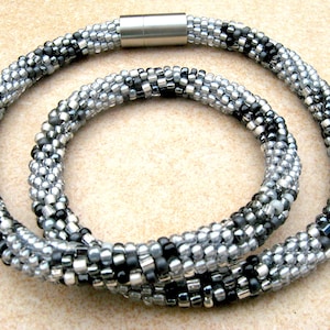 black-grey-silver crochet necklace,tube necklace,crocheted pearl necklace,crocheted necklace,grey necklace,pearl necklaces,glass pearl necklace,glass necklace