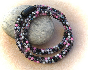 pink-grey-black-pink crochet necklace glitter dream, tube chain, crocheted glass bead necklace, glass necklace, bead necklaces