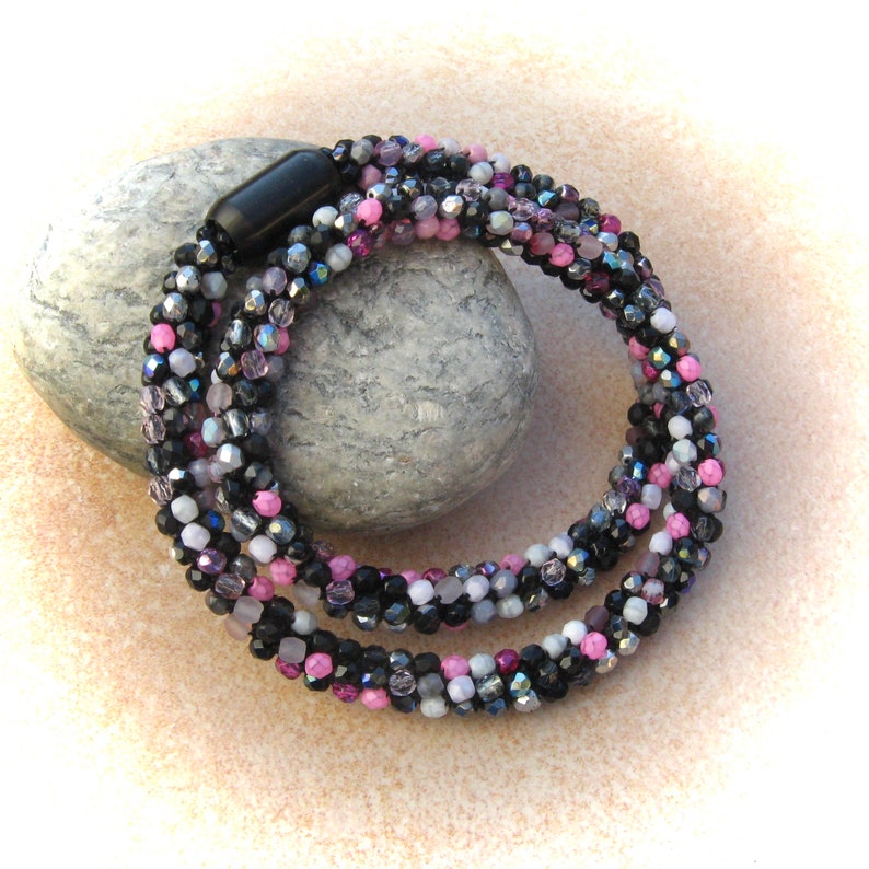 pink-grey-black-pink crochet necklace glitter dream, tube chain, crocheted glass bead necklace, glass necklace, bead necklaces image 1