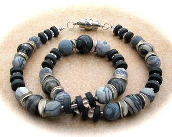 Onyx-Bergkristall-Jaspis-Collier