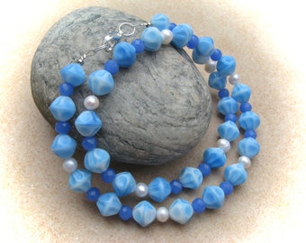 turquoise-blue glass necklace with freshwater pearls