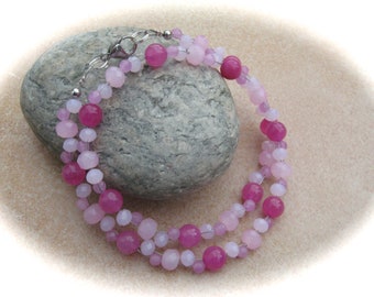 collar de jade de vidrio rosa-rosa, cadena de vidrio, joyas nupciales, cadena de bodas
