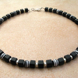 black and white cube necklace with freshwater pearls, glass chain