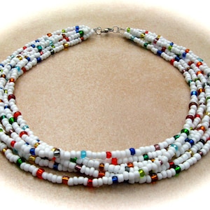 colar de vidro branco de seis fileiras sonho de verão, colar de várias fileiras, colares de pérolas, colar de pérolas de vidro