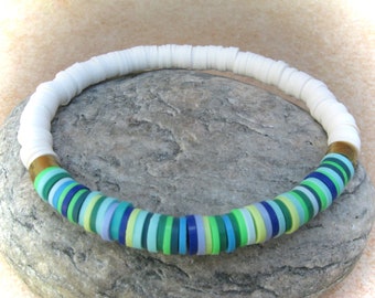 white-green-turquoise-blue heishi bracelet, stretch bracelet, surfer bracelet, polymer clay bracelet, boho bracelet, friendship bracelet