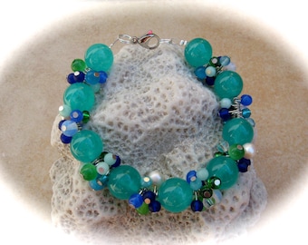 türkis-blau-grün-weißes Jade-Armband,Glasarmband