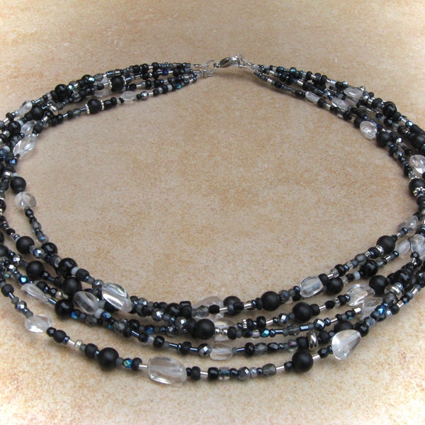 collier de cristal de roche de verre argent-gris-noir à six rangées, collier à plusieurs rangées, collier de perles de verre