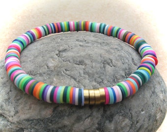 colorful Heishi bracelet, stretch bracelet, surfer bracelet, polymer clay bracelet, boho bracelet, friendship bracelet
