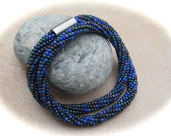 blue-colored bead necklace, crochet necklace, hose necklace, pearl necklace, crochet glass bead necklace