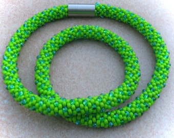 green crochet chain polka dots, chartreuse chain, tube chain, crocheted glass bead necklace, pearl necklaces