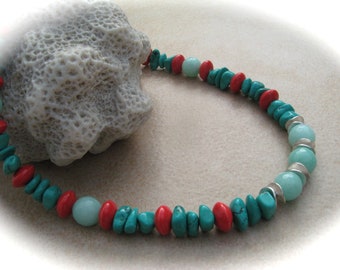 Turquoise Jade Ceramic Necklace,Gemstone Necklace,Gemstone Jewelry, Turquoise Red Necklace