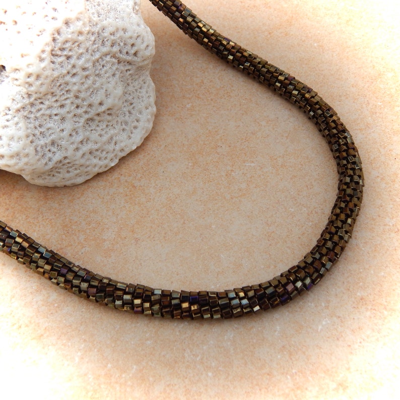 Crochet necklace dark bronze, tube necklace, crocheted necklace, glass necklace, pearl necklace image 5