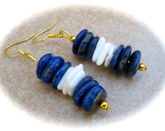 Lapis Lazuli Shell Earrings, Lapis Lazuli Earrings, Maritime Earrings, Blue and White Earrings