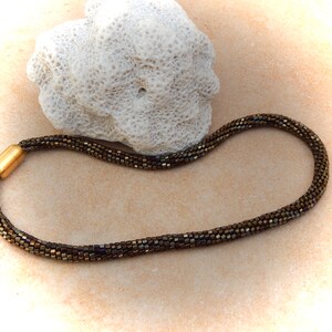 Crochet necklace dark bronze, tube necklace, crocheted necklace, glass necklace, pearl necklace image 4