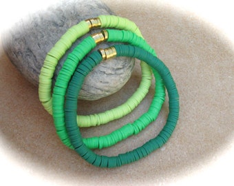 3 Heishi-Armbänder Grüntöne, Armbandset, Stretcharmband, Surferarmband, Polymer-Clay-Armband, Bohoarmband,Freundschaftsarmband