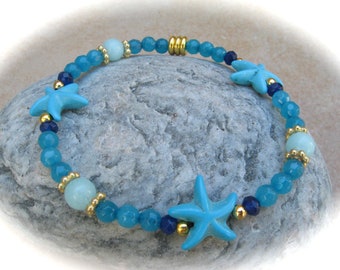 turquoise blue agate howlith bracelet starfish, elastic bracelet, boho bracelet, gemstone bracelet, friendship bracelet, guest gift