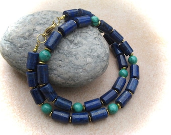 Lapislazuli-Zylinder-Malachit-Collier,Edelsteinkette,Edelsteinschmuck