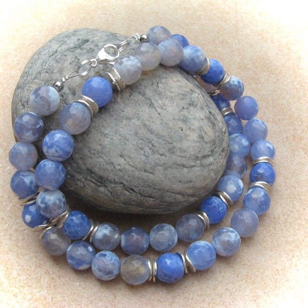 facettierte blau-weiße Achatkette,Edelsteinkette,Edelsteinschmuck